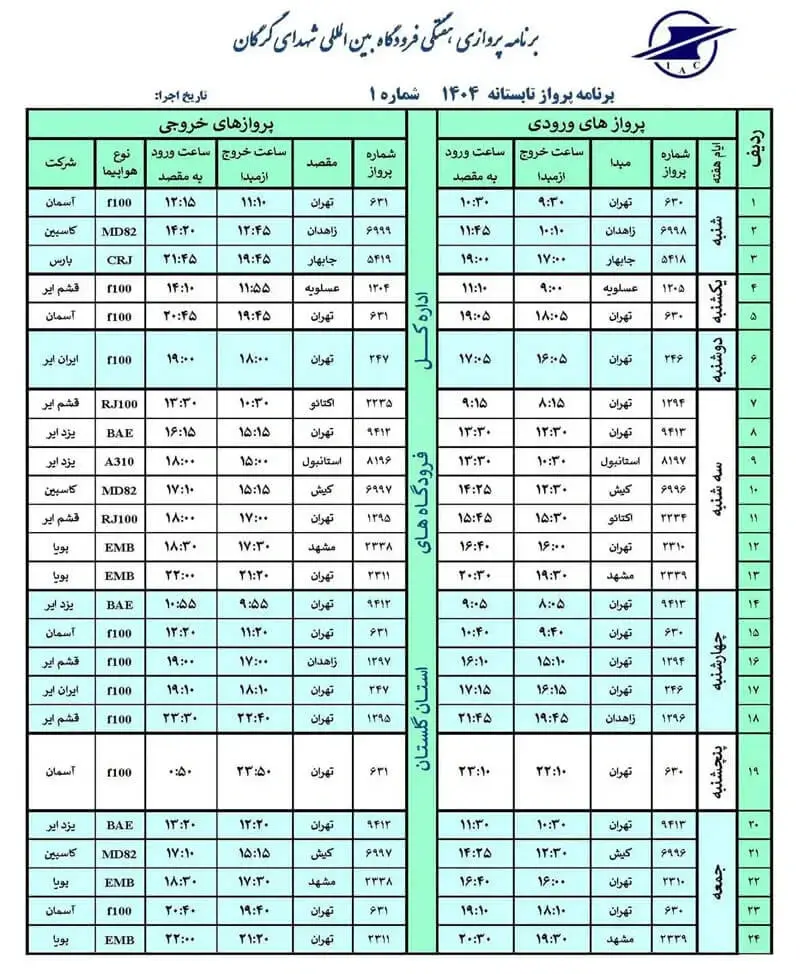 برنامه هفتگی پروازهای فرودگاه گرگان